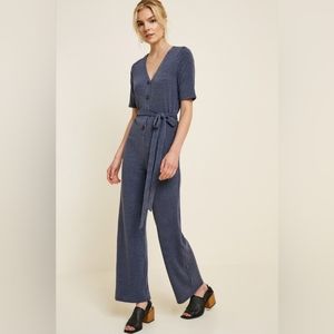 Jumpsuit Navy Blue Stripe NWT Wide Leg Short Sleeve Button Down